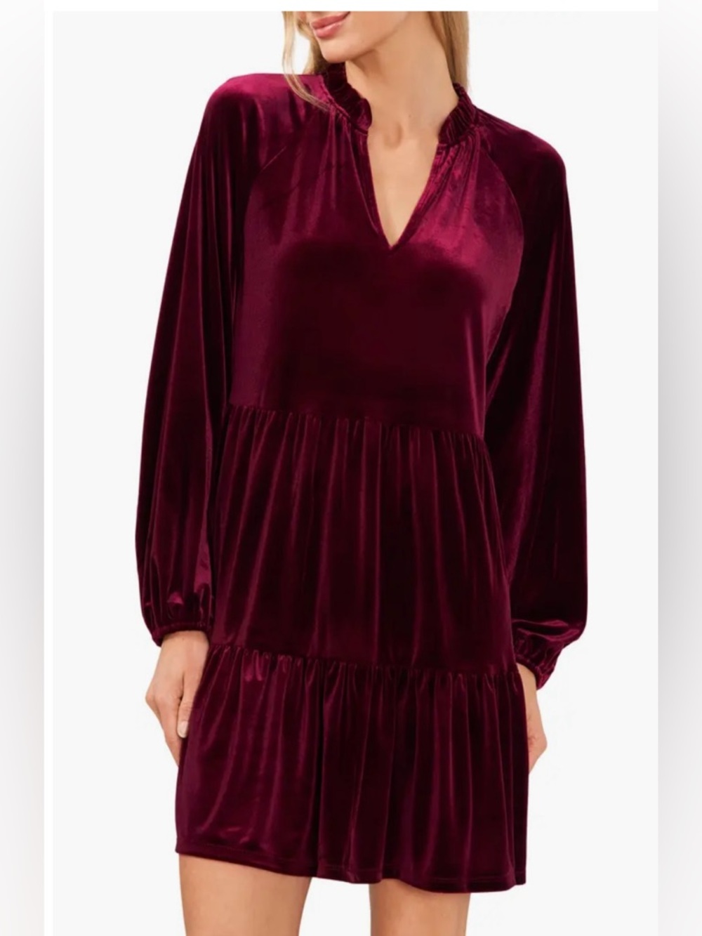 CeCe Velvet Long-Sleeve Tiered Mini Dress - Burgundy. Size M